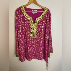 NWT VTG Diane Gilman Fuchsia and Gold Floral Tunic Beaded Blouse Size 2X Floral